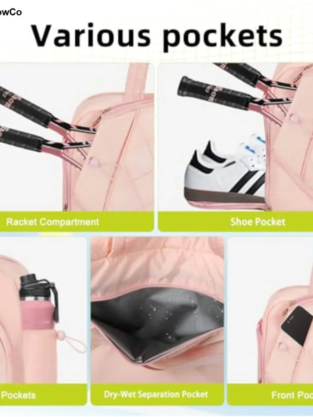 Tennis Backpack Pickleball Bag 30L Water-Resistant Adjustable Strap